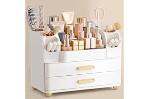 HBlife Makeup Organizer for Vanity with Brush Holder, Large Bathroom Countertop Cosmetic Organizer Skin Care Storage, Easy to Store Lipsticks, Nail Polishes, Perfumes, Eyeshadow Palettes, All White