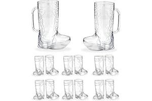 4E's Novelty Cowboy Boot Shot Glass & Cups (12 Shot Glasses & 2 Big Mug 17oz) Hard Plastic, BPA Free - for Cowboy Themed Part