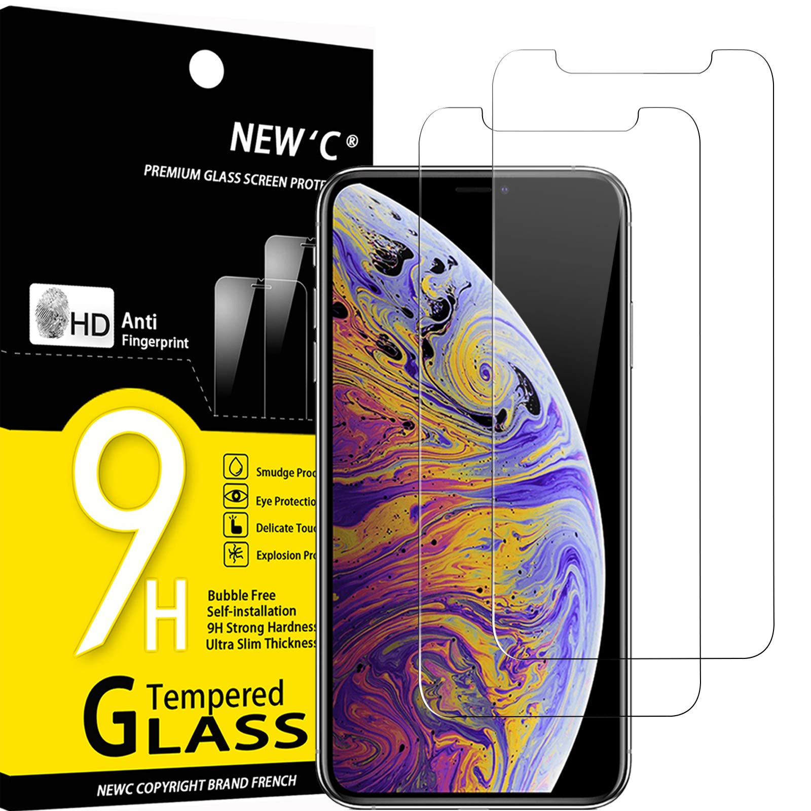 NEW'C 2 Pack Designed for iPhone 11 Pro Max and iPhone XS Max (6.5"), Screen Protector Tempered Glass, Case Friendly Bubble Free Ultra Resistant