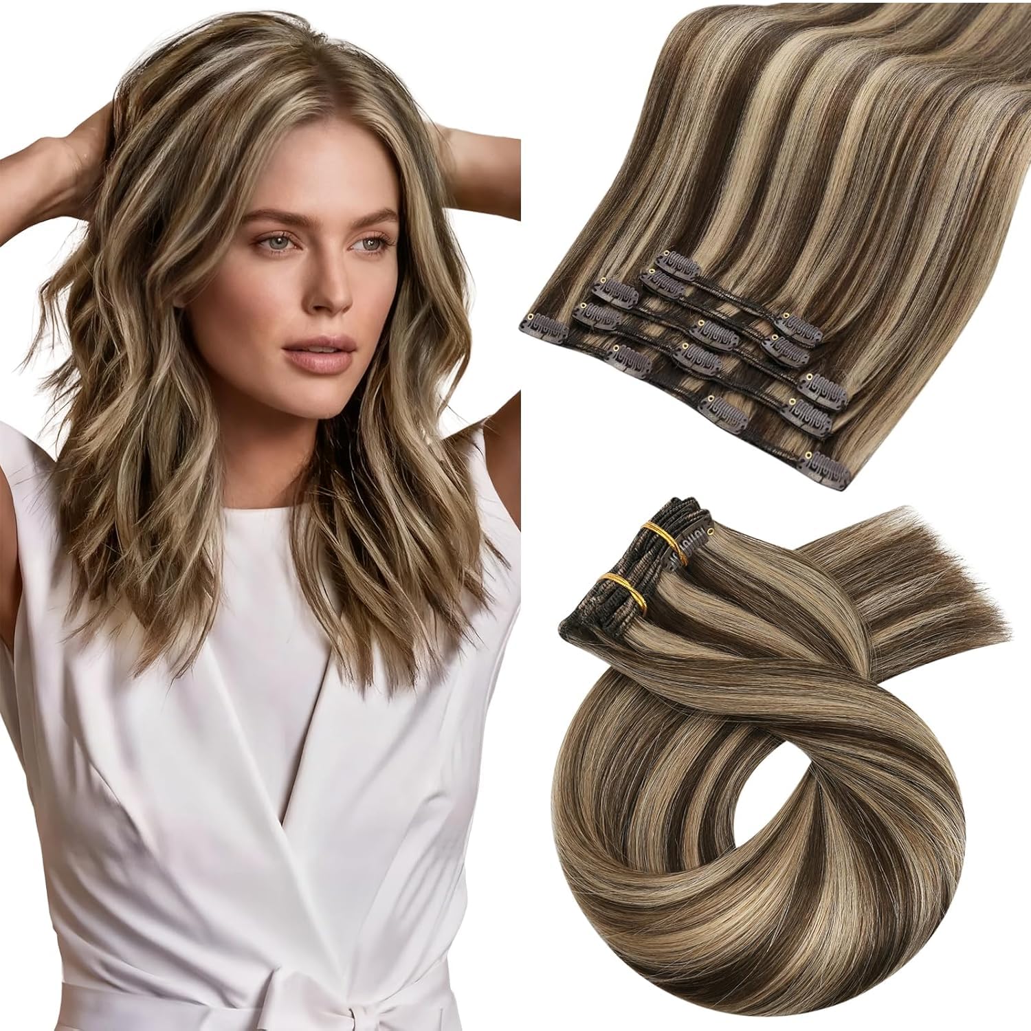 Moresoo Clip in Hair Extensions Real Human Hair Dark Brown with Caramel Blonde Double Wefted Clip in Hair Extensions Highlight Blonde Shoulder-length Short Hair 12 inch 5pcs/80G #P4/27 — image 1
