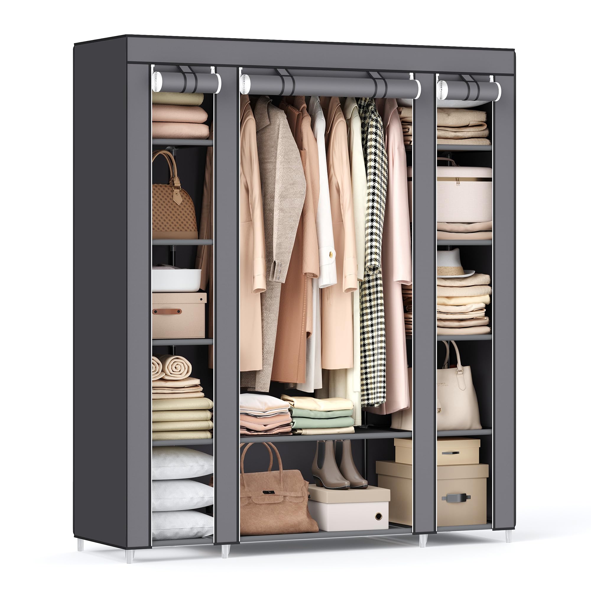 SONGMICS Fabric Wardrobe, Portable Wardrobe for Bedroom, Clothes Rail with Non-Woven Fabric Cover, Clothes Storage Organiser, 45 x 150 x 175 cm, 12 Compartments, Metal Frame, Grey LSF03G