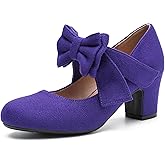 Women's Mary Jane Pumps with Bow, Block Heel, Closed Round Toe, Vintage Style