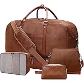 Double Bus Weekender Bag for Women Men, Large Overnight Bag Faux Leather Travel Duffel Bag with Shoe Compartment Toiletry Packing Cube Carry On Bag Fit 21" Laptop 3Pcs Set (4PCS Brown)