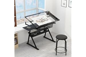 Gynsseh Adjustable Height Glass Drafting Drawing Table Art Table with Stool and Storage, Versatile Tilted Tabletop Art Craft Desk Painting Workstation for Sketching Writing Working, Black