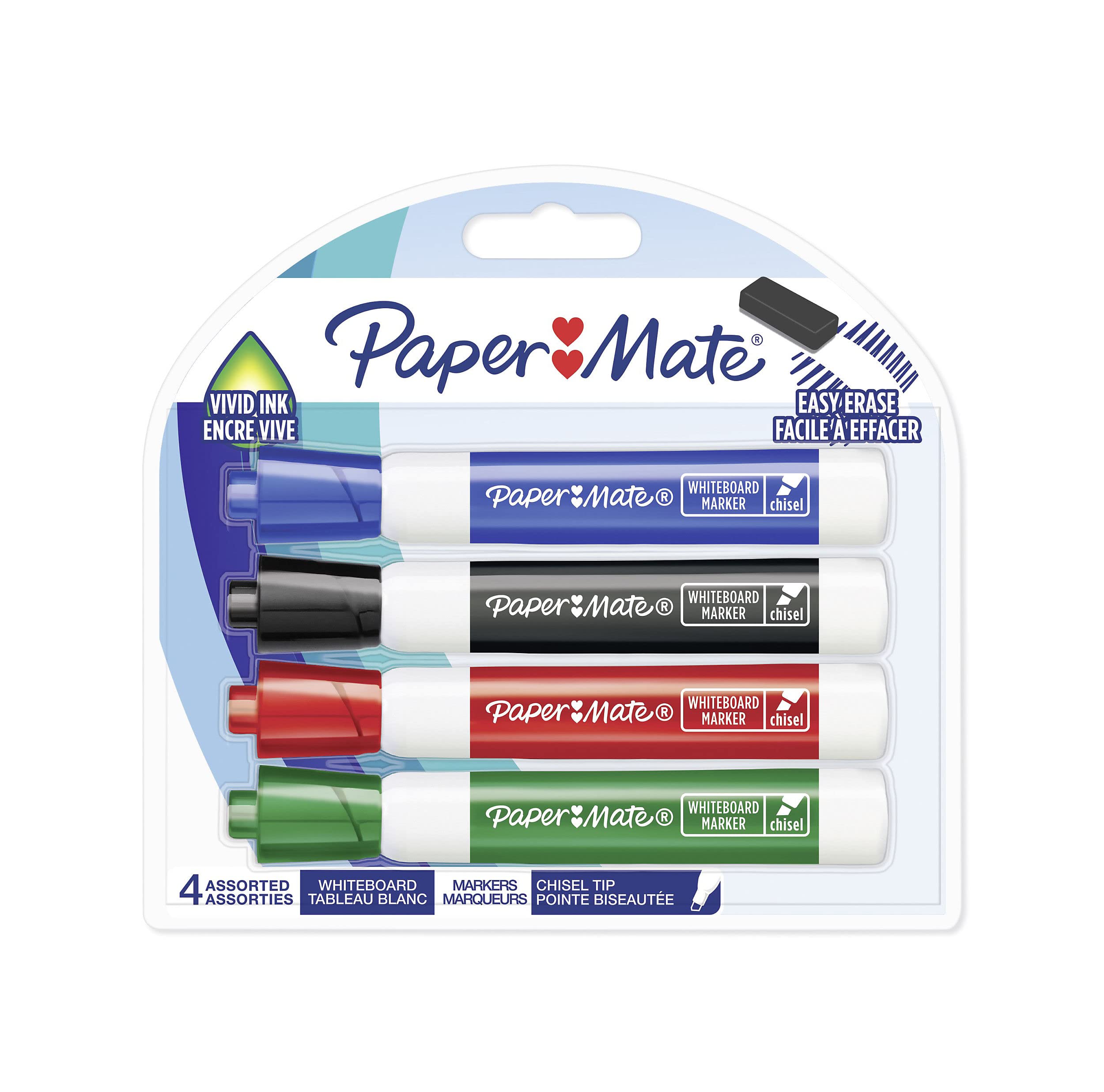 Paper Mate Low Odour Whiteboard Markers, Chisel Tip, Assorted Ink Colours, 4 Count