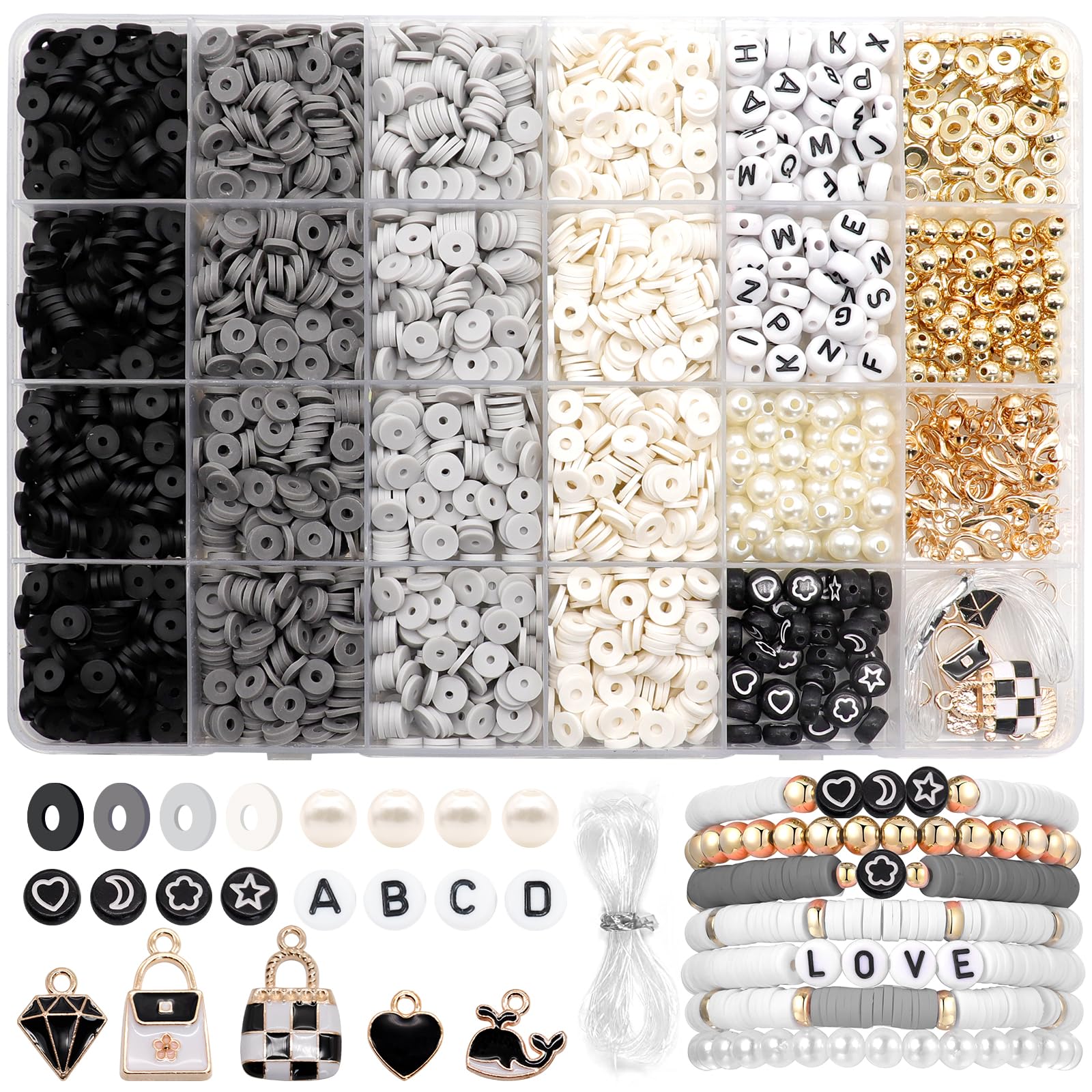 Dotilili Black Grey Clay Beads Bracelet Making Kit, 3164 Pcs Flat Round Heishi Polymer Clay Beads with Letter Charms, 6mm Friendship Bracelet Jewelry Making Kit for Crafts Necklace Girls Gift — image 1