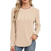 Beimuc Long Sleeve Shirts for Women Fall Fashion 2025 Crewneck Dressy Casual Blouses Trendy Pleated Tunic Tops 2025