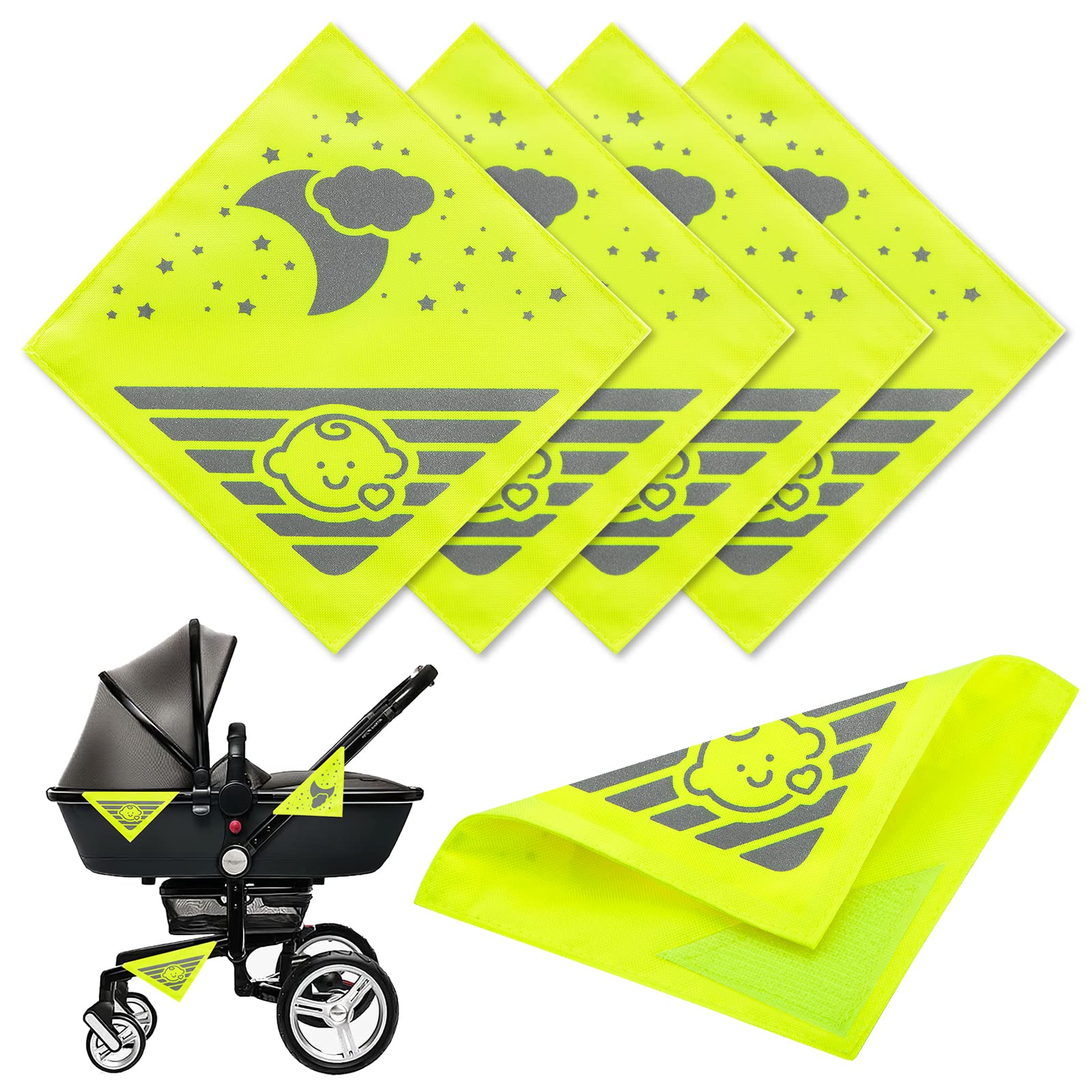 Sealmic Pack of 4 Reflectors for Prams, Universal Safety Reflectors with Velcro Fastening, Ideal for Pushchairs, Bicycles, Trailers and More, Cute Babies and Clouds, Moon, Stars Motif, Neon Yellow