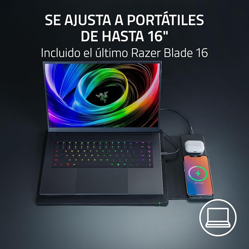 Funda para portátil 16" com carregamento sem fios - Duas zonas compatíveis com MagSafe para telemóvel e auscultadores - Carregamento rápido até 15W - Interior almofadado | Preto