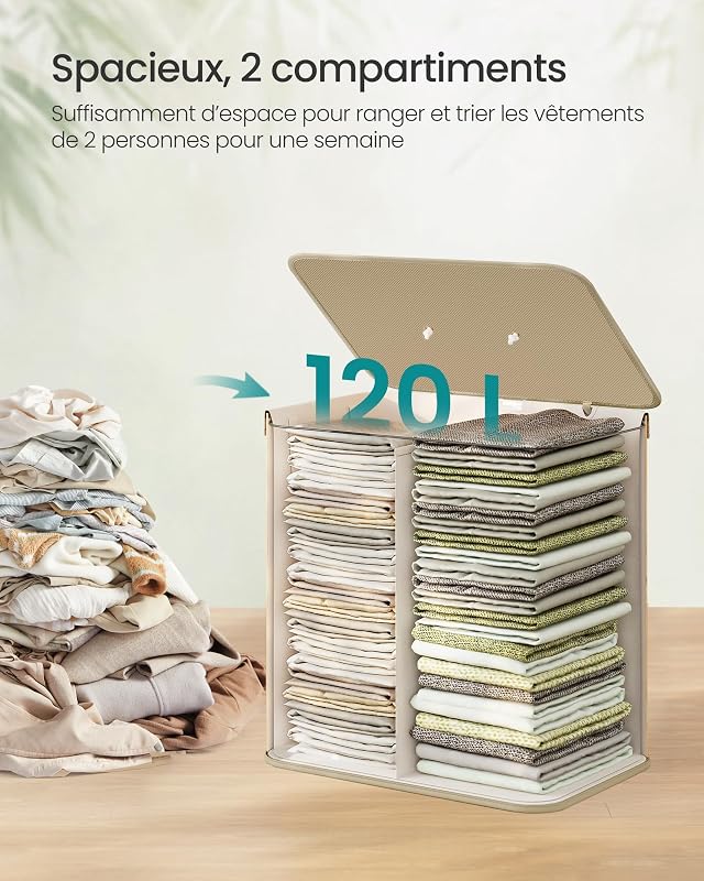 Panier à Linge avec Couvercle, 120 L, en Bambou, Pliable