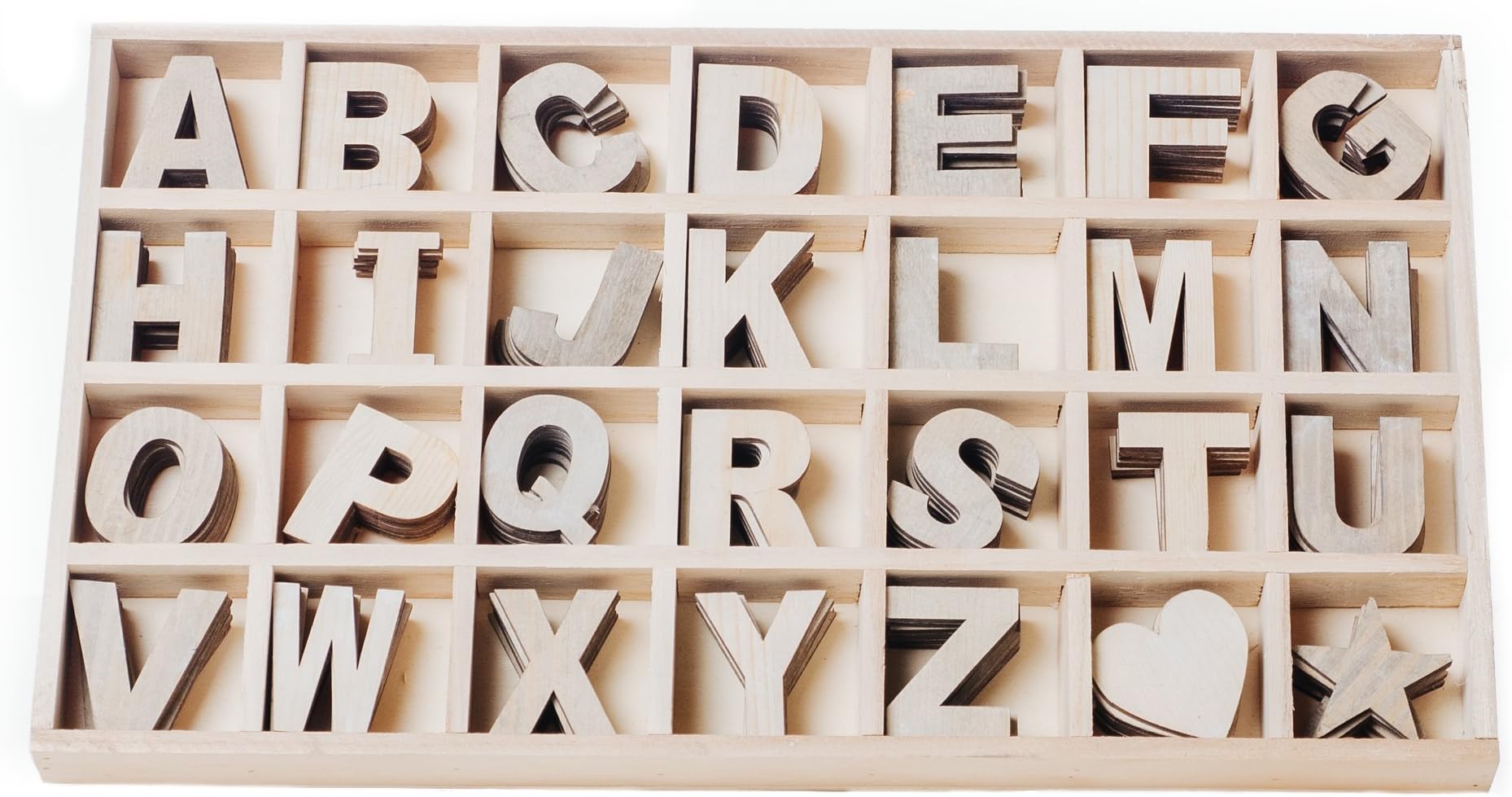Mega Box of 168 Craft Wood Letters, Varying Natural Colors, Wood Alphabet, 2.125" Tall - 6 of Each Letter Plus Hearts and Stars