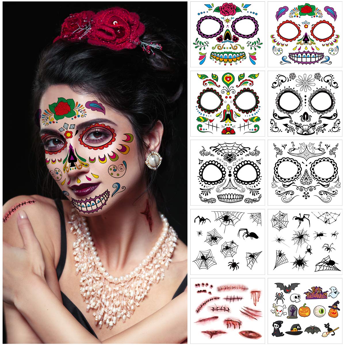 FRCOLOR Halloween Tattoos 10 Sheets,Temporary Waterproof Face Body Tattoo for Halloween Makeup Masquerade Party Cosplay Costume
