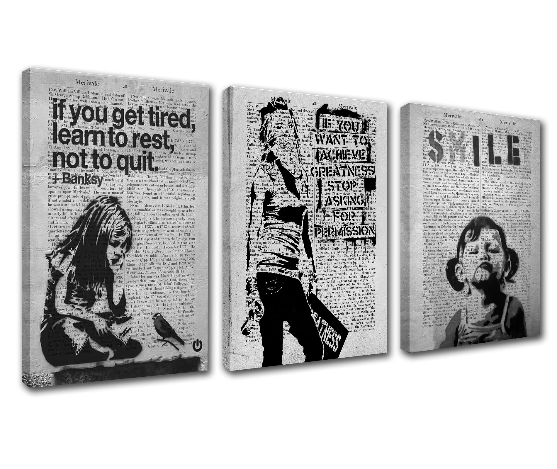 Graffiti Street Art Banksy Canvas Wall Art for Living Room Decor 3 Pieces Windowsill Women's Back Picture Print Pop Art Kitchen Wall Decor Abstract Artwork Home Decor Wall Pictures Framed 42x20 Inch
