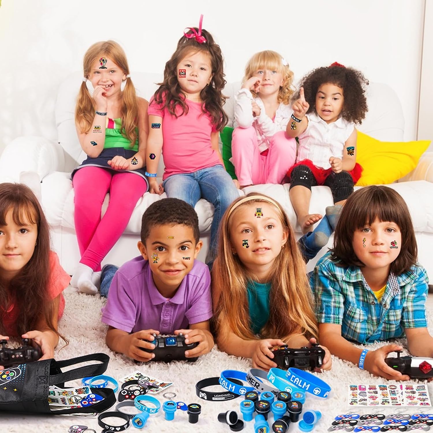 60Pcs Video Game Party Favors Gamer Birthday Party Supplies for Kids Non Woven Bags Silicone Bracelet Stamper Keychain Glow Sticker Game on Gift Goodie Treat Bag Fillers Boy Gaming Party Favors