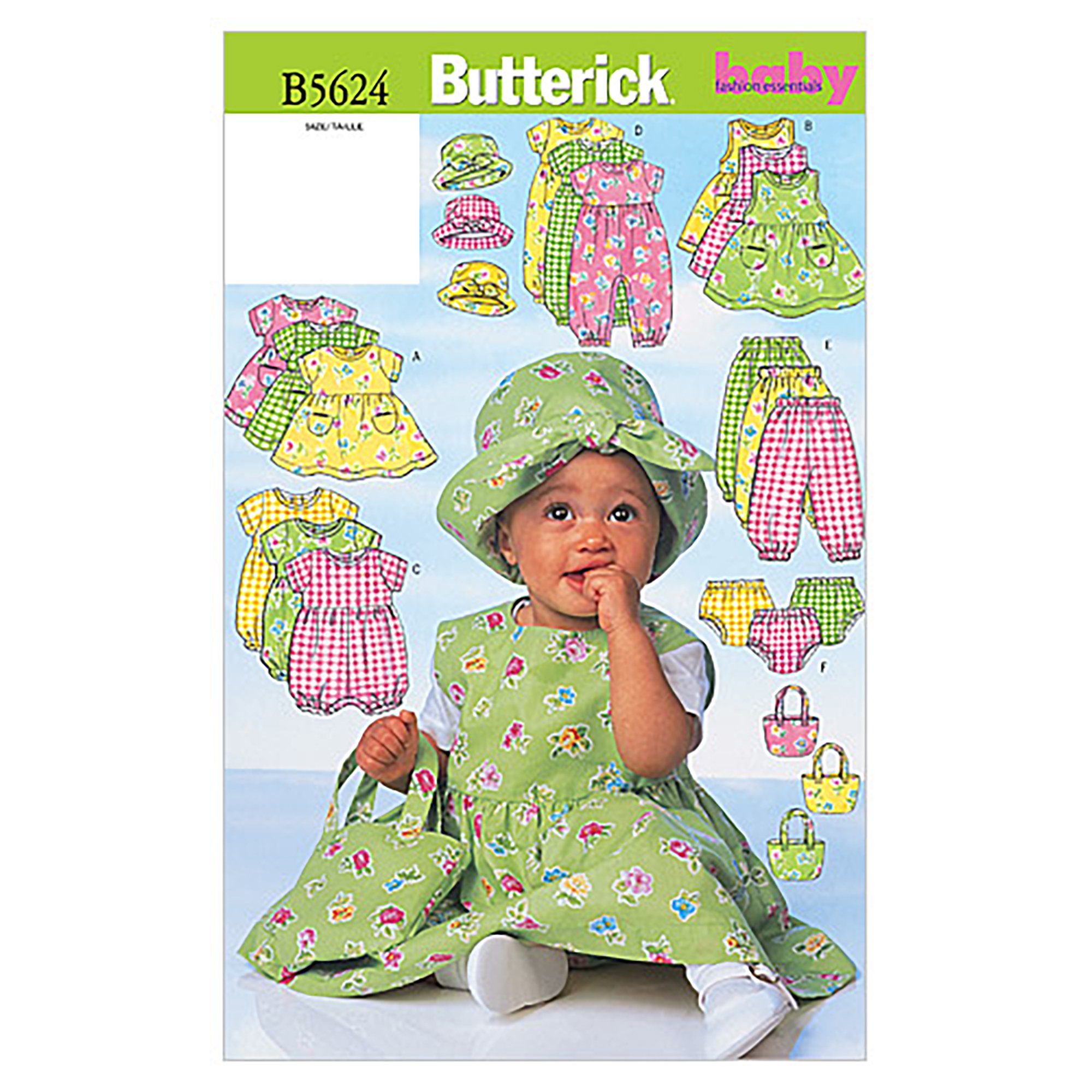 Butterick Patterns B5624 Size Large L-XL Infants Dress Jumper Romper Jumpsuit Panties Hat and Bag , Pack of 1, White