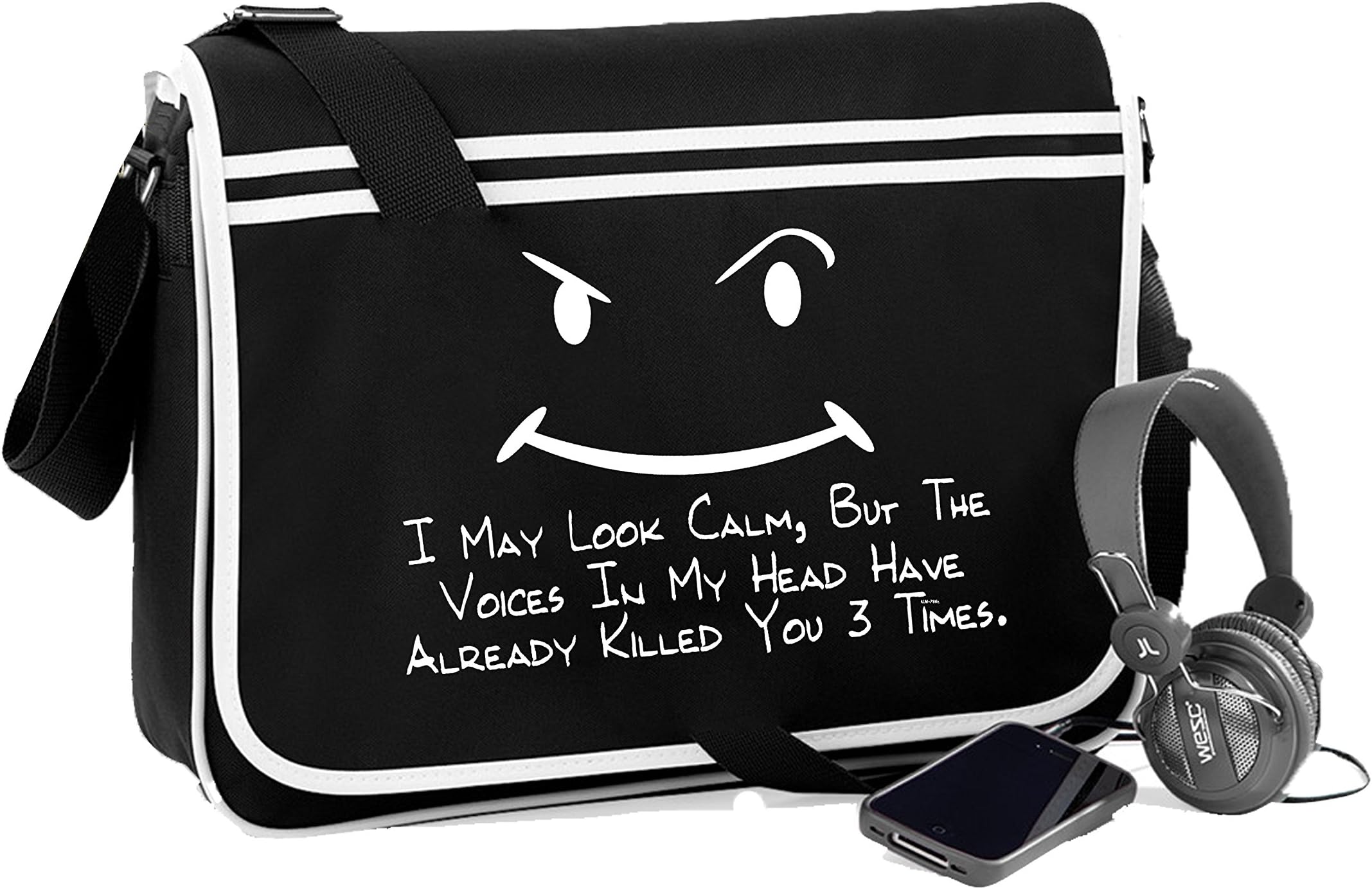 I May Look Calm-Unisex Funny Sayings Novelty Retro Messenger Bag-Black