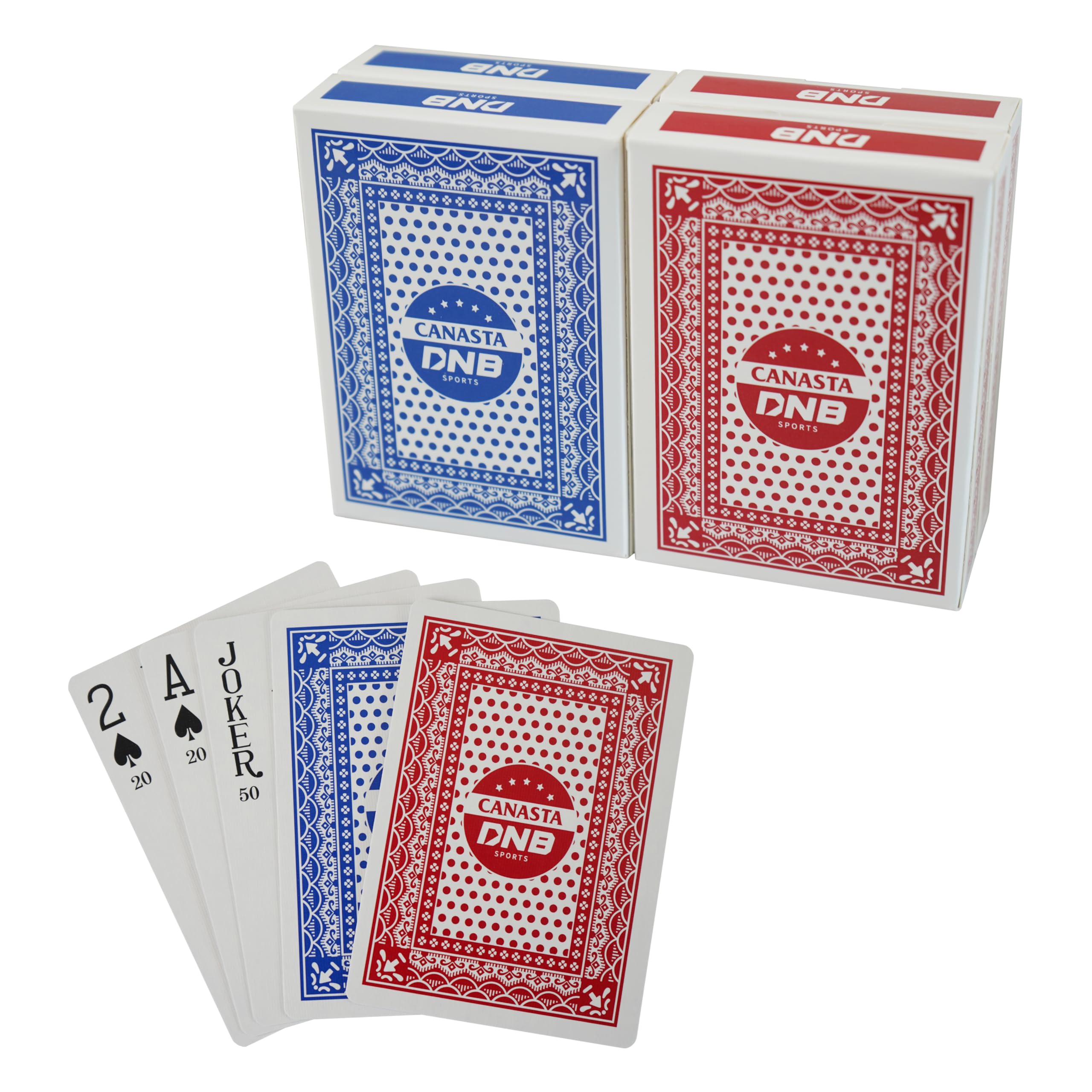 DNB 4 Deck Canasta Cards - 2 Decks Blue and 2 Decks Red Playing Cards with Point Values - Includes Canasta and Hand and Foot Rules