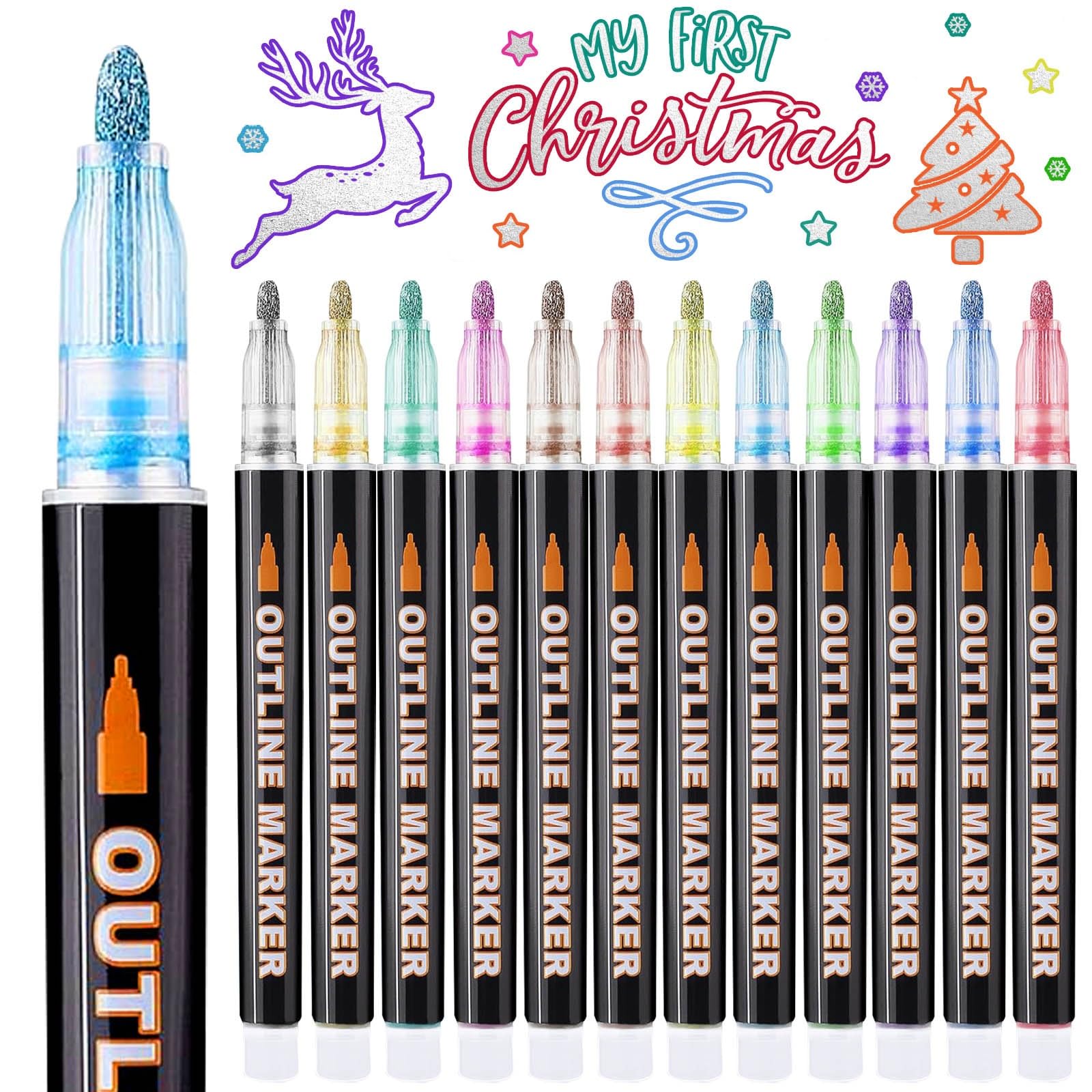 WOGOPRO Easter Gifts for Kids, Outline Marker Pens Glitter Pens, 12 Colours Metallic Double Line Outline Pens for Painting, Gift Card Making, DIY Art Crafts, Scrapbook