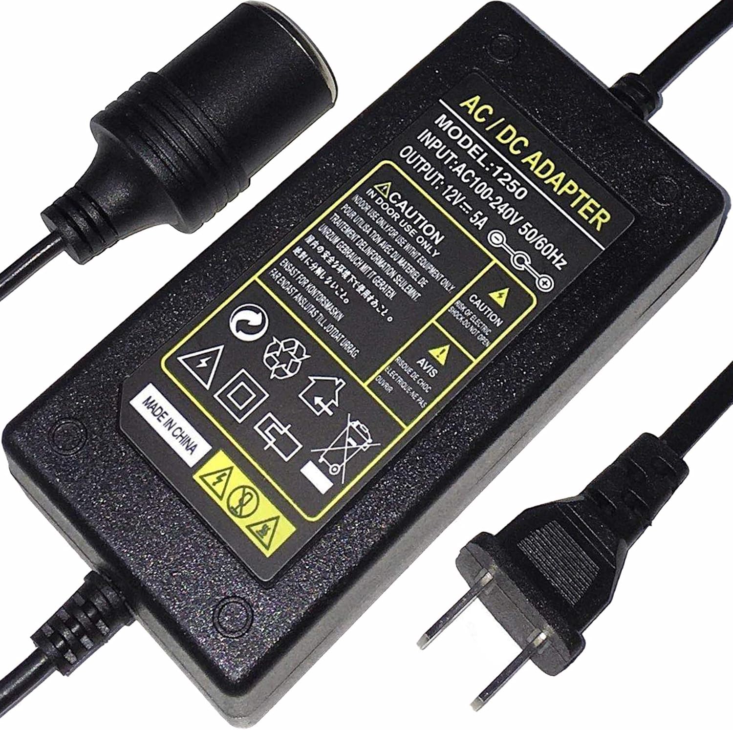 110V AC to 12V DC Converter - 5A 60W Car Cigarette Lighter to Wall Outlet Adapter Female Socket - 110/120V~240V Actodc 12 Volt Portable Power Supply Transformer Charger - US Plug 5 Amp 60 Watt