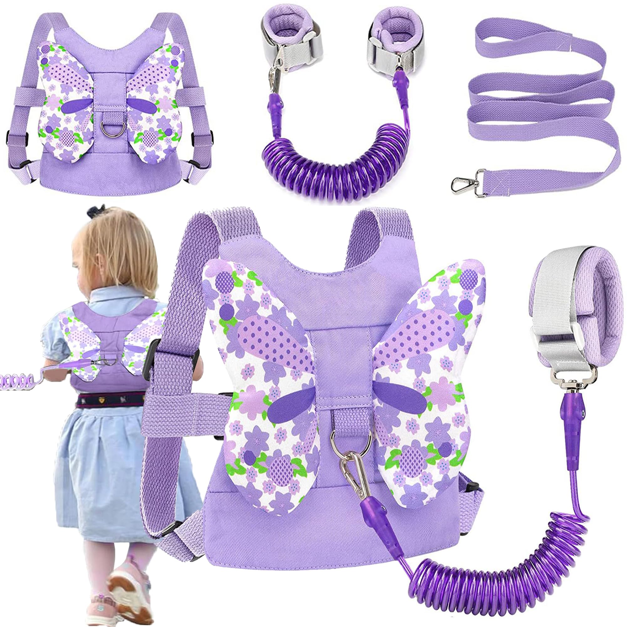 XFLYP Baby Reins, 3 in 1 Anti-Lost Toddler Reins with Lock and 1.5m Bungee Straps Link, Child & Toddler Safety Walking Harness with Butterfly Wings, Toddler Reins for Walking 1-3 Years(Purple)