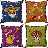 ZAEW Dia De Los Muertos Pillow Covers Sugar Skull Mexican Style Music Guitar Flower Day of The Dead Throw Pillow Cases Set of 4 Decorations for Farmhouse Home Sofa Outdoor Holiday Decor 18x18 Inch