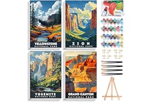 OFFITO 4 Pack Framed Paint by Numbers Kit for Adults with Wooden Easel, National Parks Easy Paint by Numbers with Frame for Beginners, Adult Paint by Number Kits Framed Canvas for Home Decor Gift 8x12 Inch