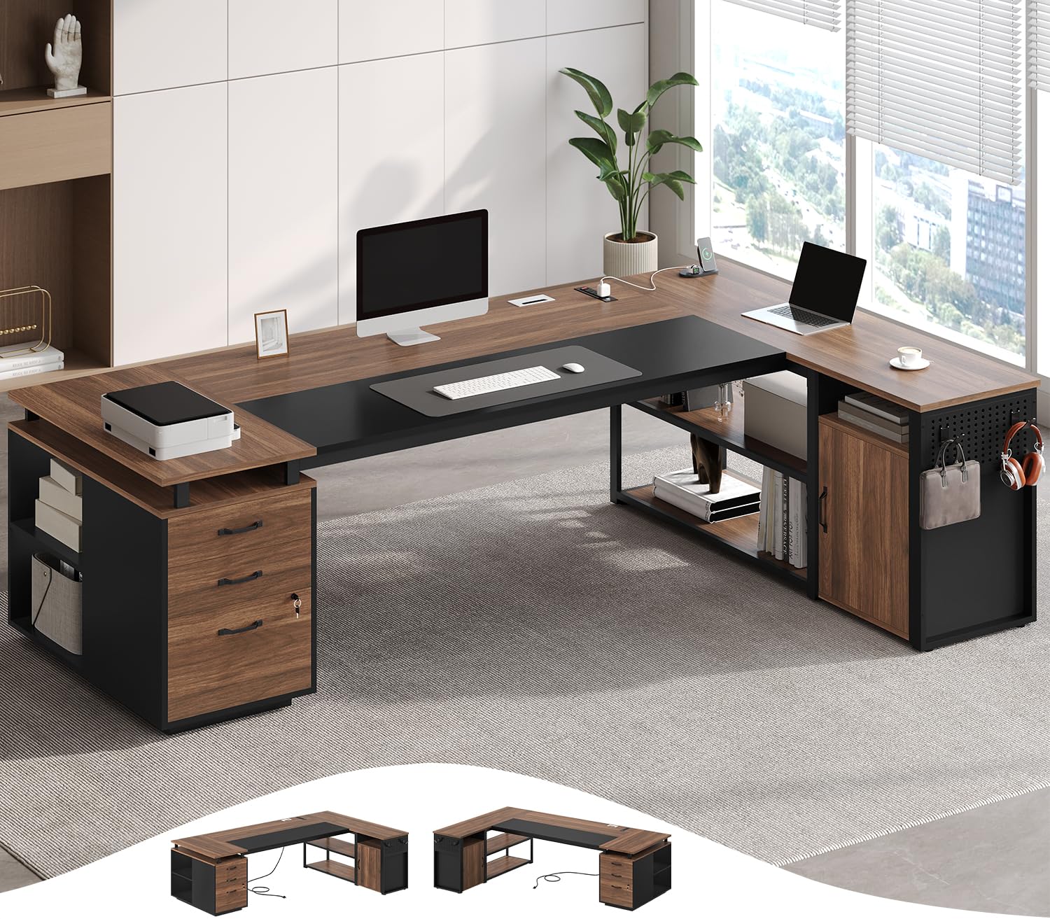 78" Executive Desk with Lockable File Cabinet, L Shaped Office Desk with Power Outlets, Large Executive Desk with Drawers and Storage Shelves , Reversible Computer Desk with Privacy Screen, Walnut