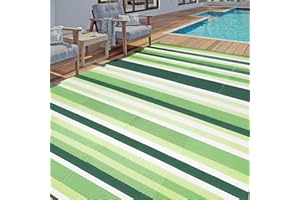 HUGEAR Outdoor Plastic Straw Rug, Waterproof Mat, Washable Large Floor Mat and Rug for Outdoors, RV, Beach, Patio, Camping, Backyard, Deck, Picnic, Trailer,Indoor Outside (5x8ft,Stripe/Green&white)