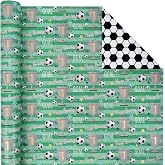 BIOBROWN Soccer Wrapping Paper for Boys Birthday Goal &amp; Trophies Design | 17 inch X 33 feet, Reversible, Soccer Fans