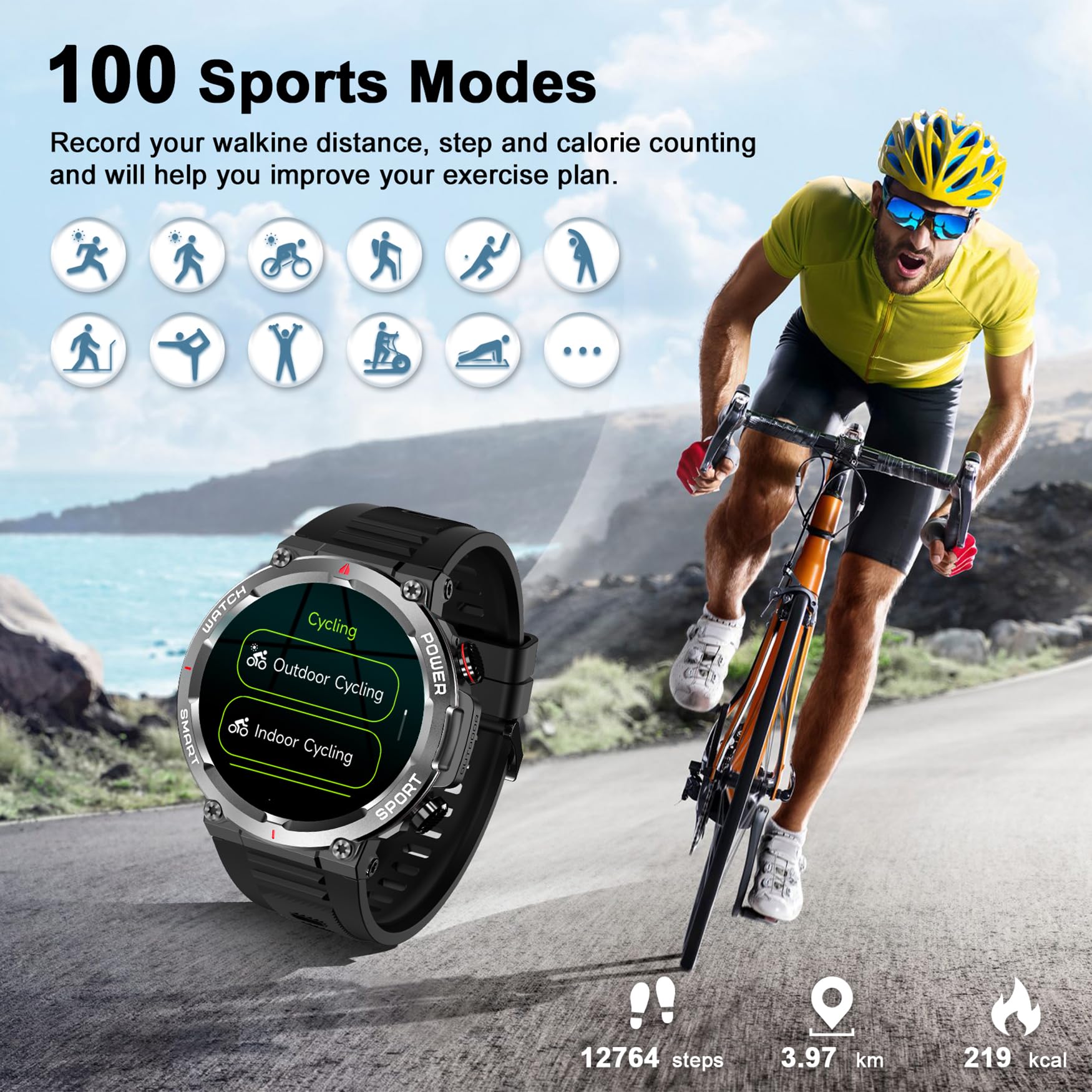 Blackview Military Smart Watch for Men, 100 Days Battery/Flashlight/Compass/120+ Sports/Bluetooth Calls, Outdoor Fitness Tracker with Heart Rate SpO2 Sleep, IP68 Waterproof Smartwatch for iOS Android