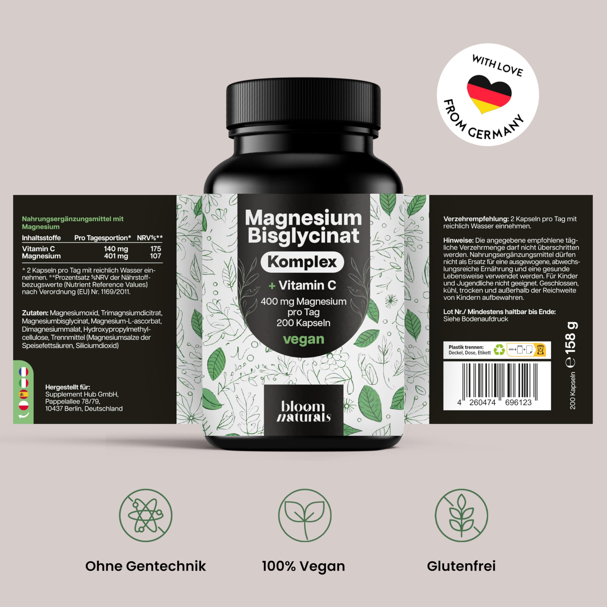Magnesium Komplex hochdosiert - 200 Kapseln - 400 mg Magnesium pro Tag + Vitamin C, mit Bisglycinat, Citrat, Oxid, L-Ascorbat, Malat, vegan & produziert in Deutschland 6