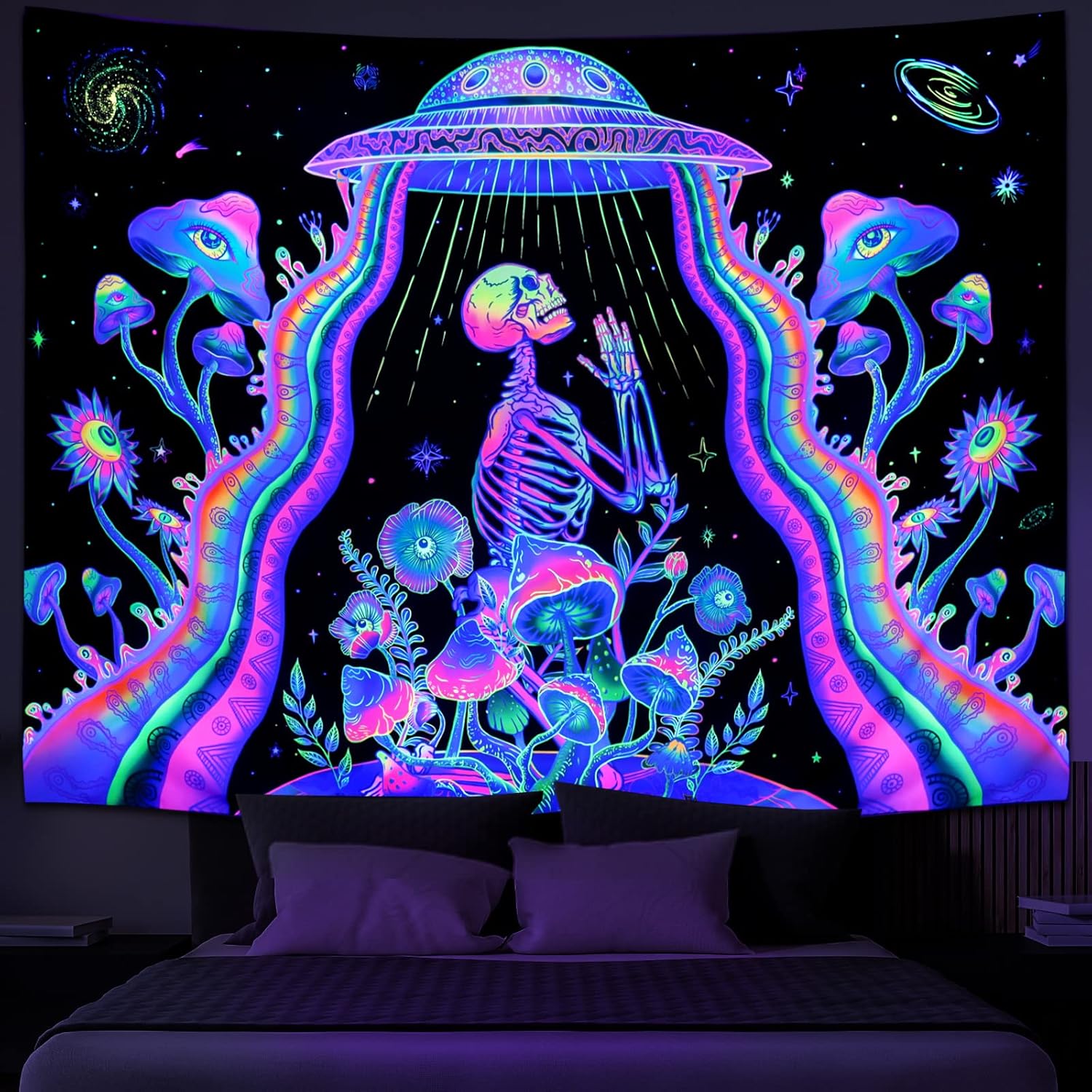 Tapestries - Galoker Blacklight Skeleton Tapestry Trippy Mushroom Floral Tapestry UV Reactive Alien UFO Tapestry Galaxy Space Tapestry Wall Hanging for Home Decor(H70.8×W92.5 inches)