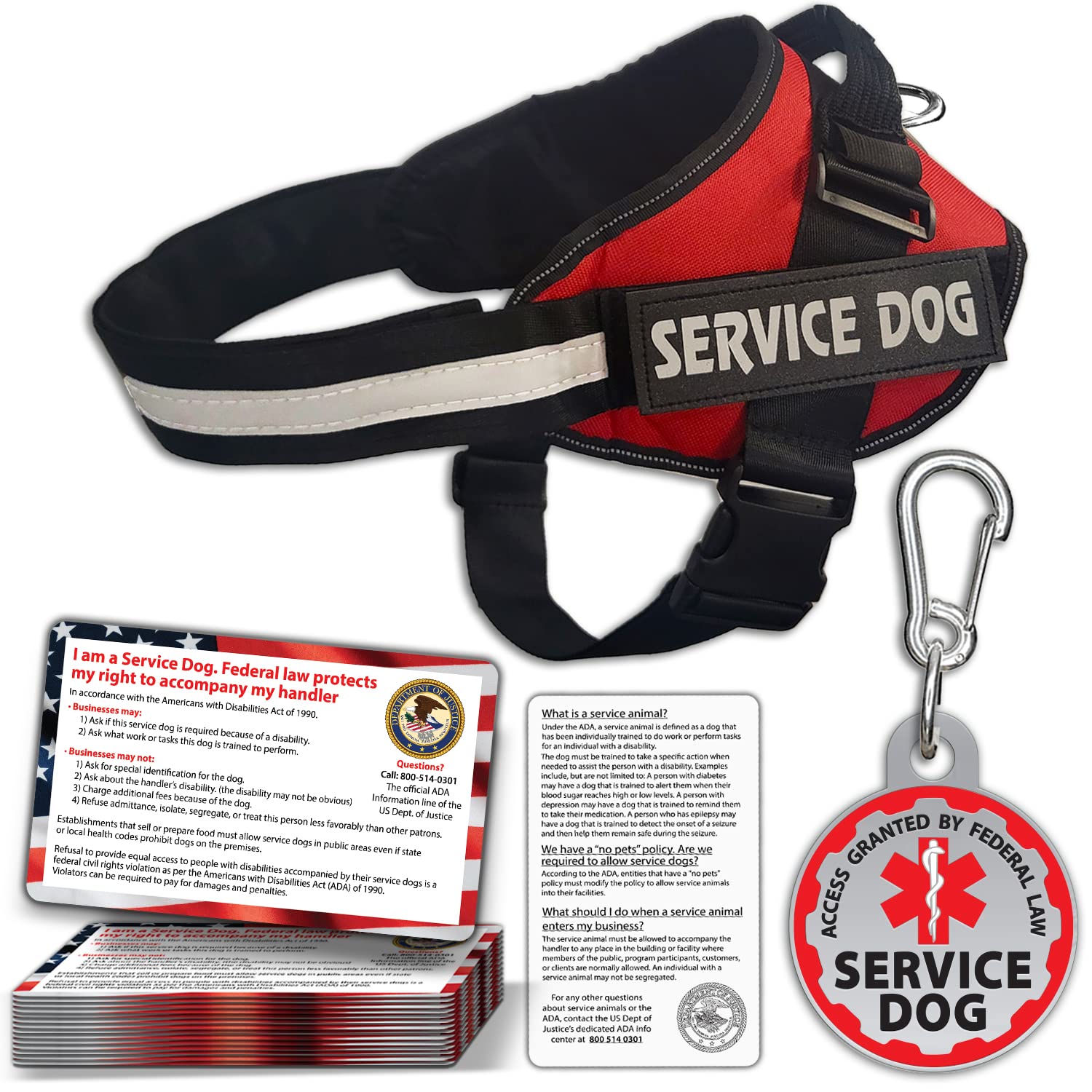 Photo 1 of Service Dog Vest + ID Tag + 50 ADA Information Cards - Service Dog Harness in Sizes X Small to XX Large, Metal Dog Tag has Durable Clip, Service Animal Information Cards are 2-Sided. ESA Accessory Set