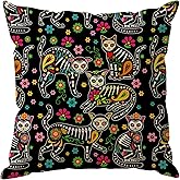 ZAEW Dia De Los Muertos Pillow Cover Sugar Skull Cats Flower Paisley Petals Day of The Dead Mexican Throw Pillow Case Decorations for Farmhouse Home Bedroom Sofa Couch Outdoor Holiday Decor 18x18 Inch