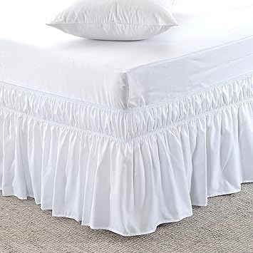 US Bedding Us Bedding Eay Fit Elastic Wrap Around Ruffled Bed Skirt Egyptian Cotton 300 Thread Count(White, Cal Queen, Drop Length 18 Inches)