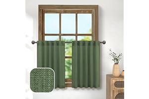 Pitalk Olive Green Cafe Curtains 24 Inch Length Kitchen Window Curtain 2 Pack Back Tab Tier Light Filtering Semi Sheer Short Linen Avocado Green Curtain for Small Bathroom Garage 30 x 24 in Long Loden