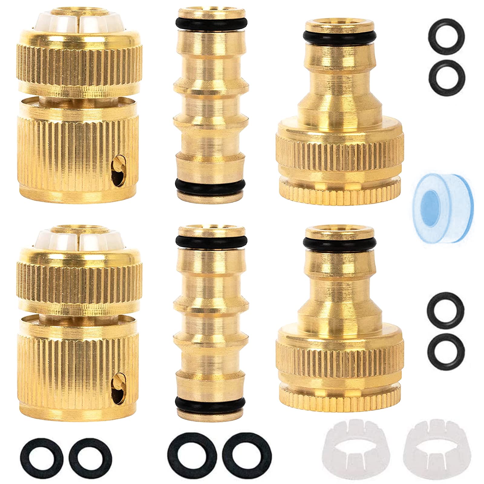 Kazaigou 6 Pack Brass Garden Hose Connector, Garden Hose Tap Connector Pipe Fittings Kit, 2 Double Male Connector, 2 Hose End Connector, 2 Hose Tap Connector 1/2'' & 3/4'' 2-in-1 Faucet Adapter