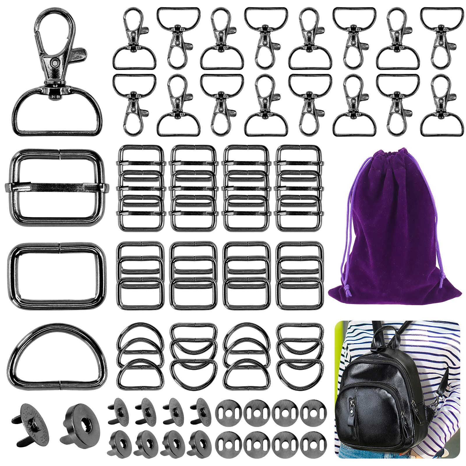 Mardatt 100 PCS Hardware Buckles Kit Including D-Ring,Triangle Slide Square Rings Magnetic Snap Swivel Clasp Hooks for Handbag, Strap, Purse (Gunmetal)