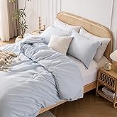 Yibeizi Light Blue 100% Washed Cotton Linen Like Duvet Cover Set Queen Size, 3 Pieces, 1 Duvet Cover 90x90 Inches and 2 Pillow Shams, Soft Breathable Comforter Covers Zipper Closure