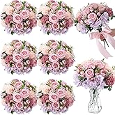 Geosar 6 Bundles Peonies Artificial Flowers Fake Hydrangea Silk Faux Chrysanthemum Ball Daisy Flowers Bouquet for Wedding Party Florals Arrangements Vase Table Centerpiece Decor(Pink, Light Purple)