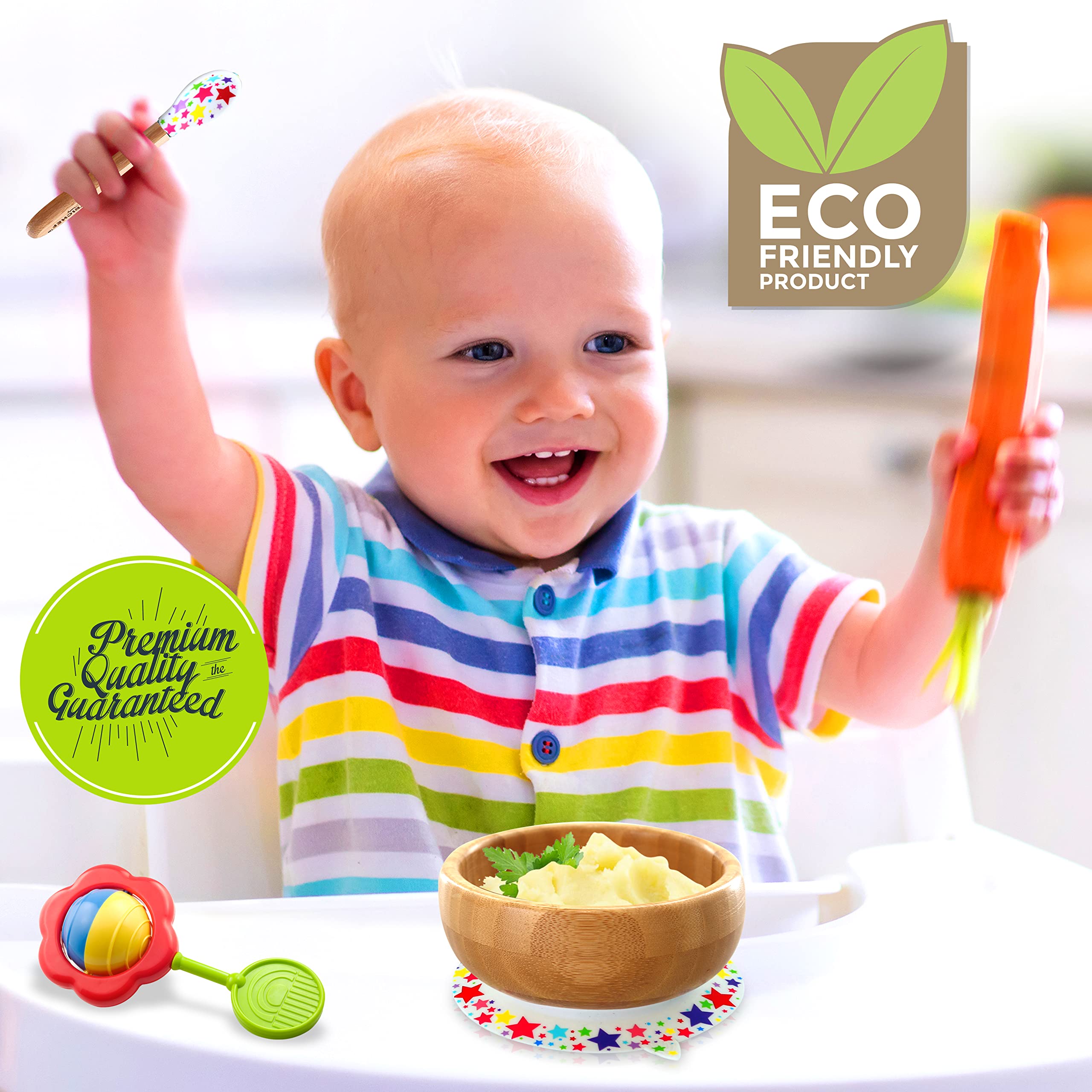 NutriChef Bamboo Baby Feeding Bowl - Wooden Infant Toddler Dish and Spoon Set w/Silicone Suction Base for Stay Put Eating, For Children Aged 4-72 Months (Star Bowl)