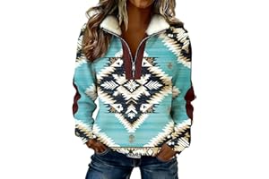 Western Aztec Quarter Zip Sweatshirt for Women Sherpa Collar Allover Geometric Print Shirt Long Sleeve Pullover Jacket Top