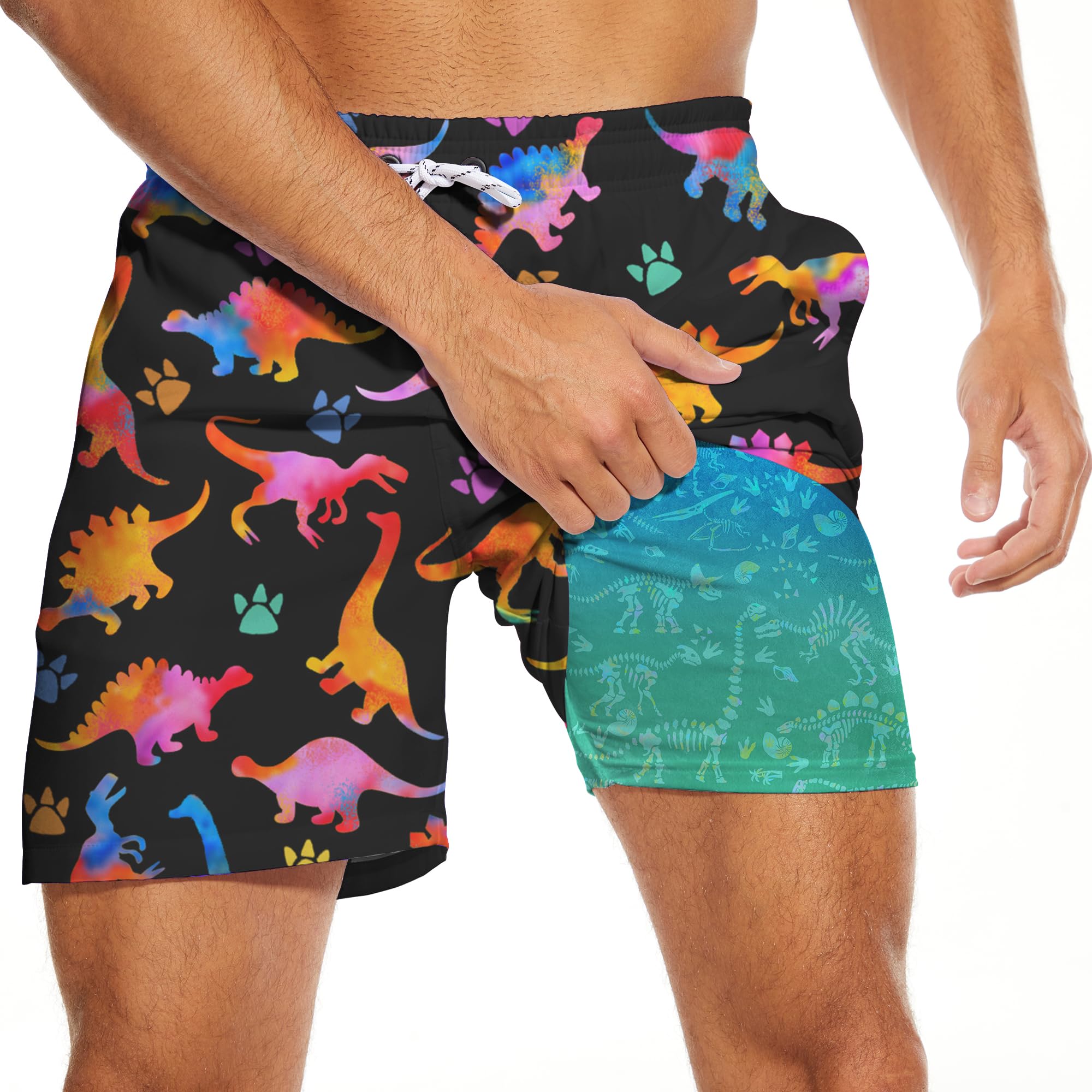 Photo 1 of 4xl PIANHAUE Mens Swim Trunks with Compression Liner 5 Inch Inseam Quick Dry Colorful Dinosaur Swimwear Bathing Suit Swim Board Shorts with 4 Pockets