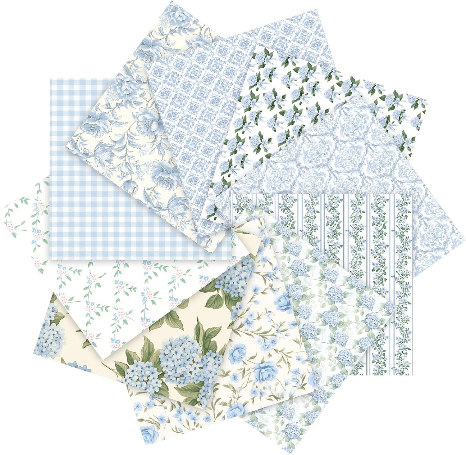 Tudomro 10 Pcs Blue Floral Fabric Squares Bundles 20 x 20 Inch Cotton Hydrangea Quilting Fabric Blue Spring Flower Fat Quarters Printed Cloth Quilt Patchwork Material for Sewing DIY Craft Supplie
