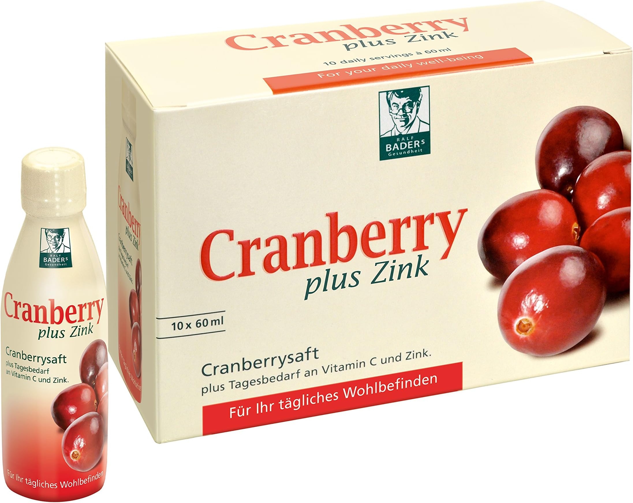 BADERs Cranberry plus Zink. Cranberry juice for a healthy bladder and a strong immune system. Includes your daily requirements of zinc, vitamin C, and B-vitamins. Free from synthetic dyes, lactose- and gluten-free. Vegan. 10 x 60 ml mini drinks.