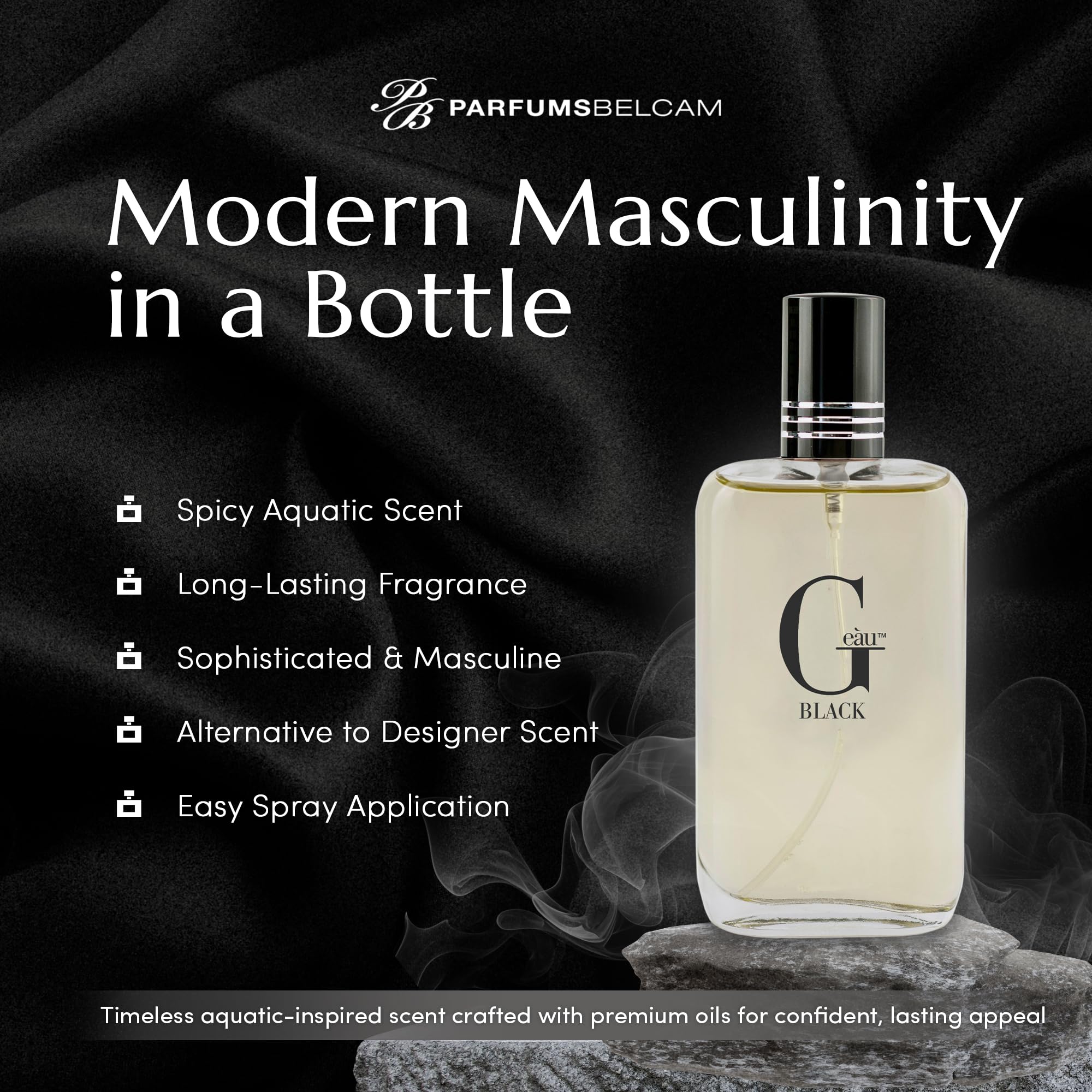 PB ParfumsBelcam G eàu Black Eau De Toilette Spray for Men – 100 mL Affordable, Long-Lasting Fresh Aquatic Fragrance & Spicy Aquatic Scent with Sandalwood & Patchouli for Day & Night Use