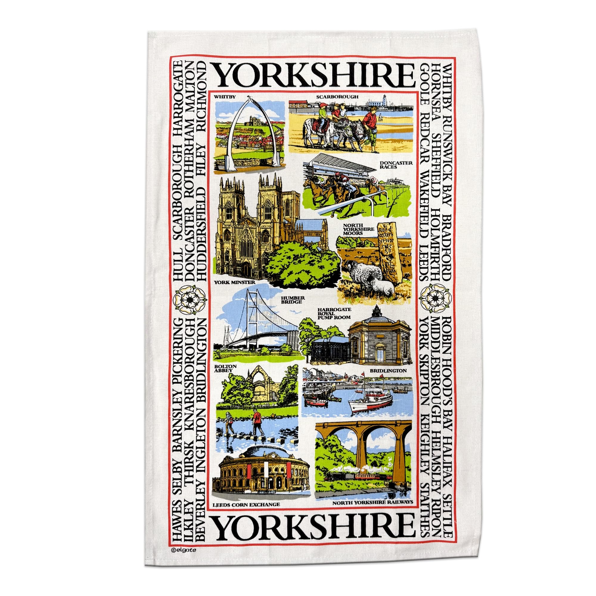 Yorkshire Sights Souvenir Tea Towel Gift Scenes Landmarks Collage Montage White