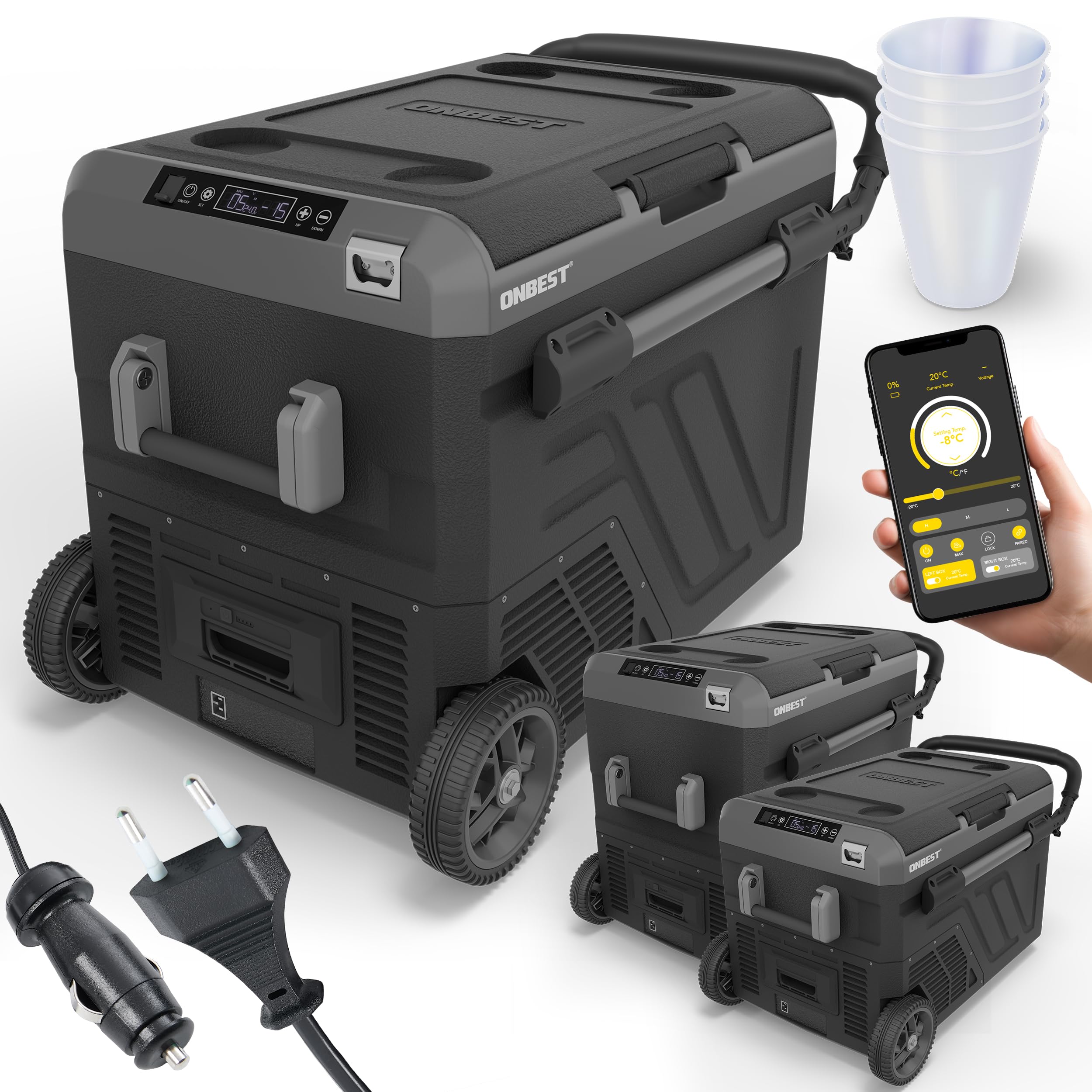 ONBEST XXL Kompressor Kühlbox – Große 40L – Elektrische Gefrierbox & Teleskophandgriff – 12V & 230V Stromanschluss – Mobile Kompressorkühlbox mit integriertem Zubehör – Autokühlboxen