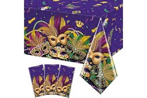 RAGNHILD 3 Pack Mardi Gras Tablecloth Party Decorations, Masquerade Dancing Party Tablecloth Decorations, Plastic Purple Table Cover Backdrop for Mardi Gras Carnival Party Supplies and Decors, 54 x 108 Inch