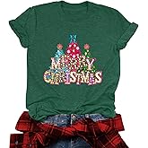 ELDPS Women Christmas V Neck Shirt: Christmas Tree Tshirt Xmas Buffalo Plaid Shirt Casual Holiday Tee Tops